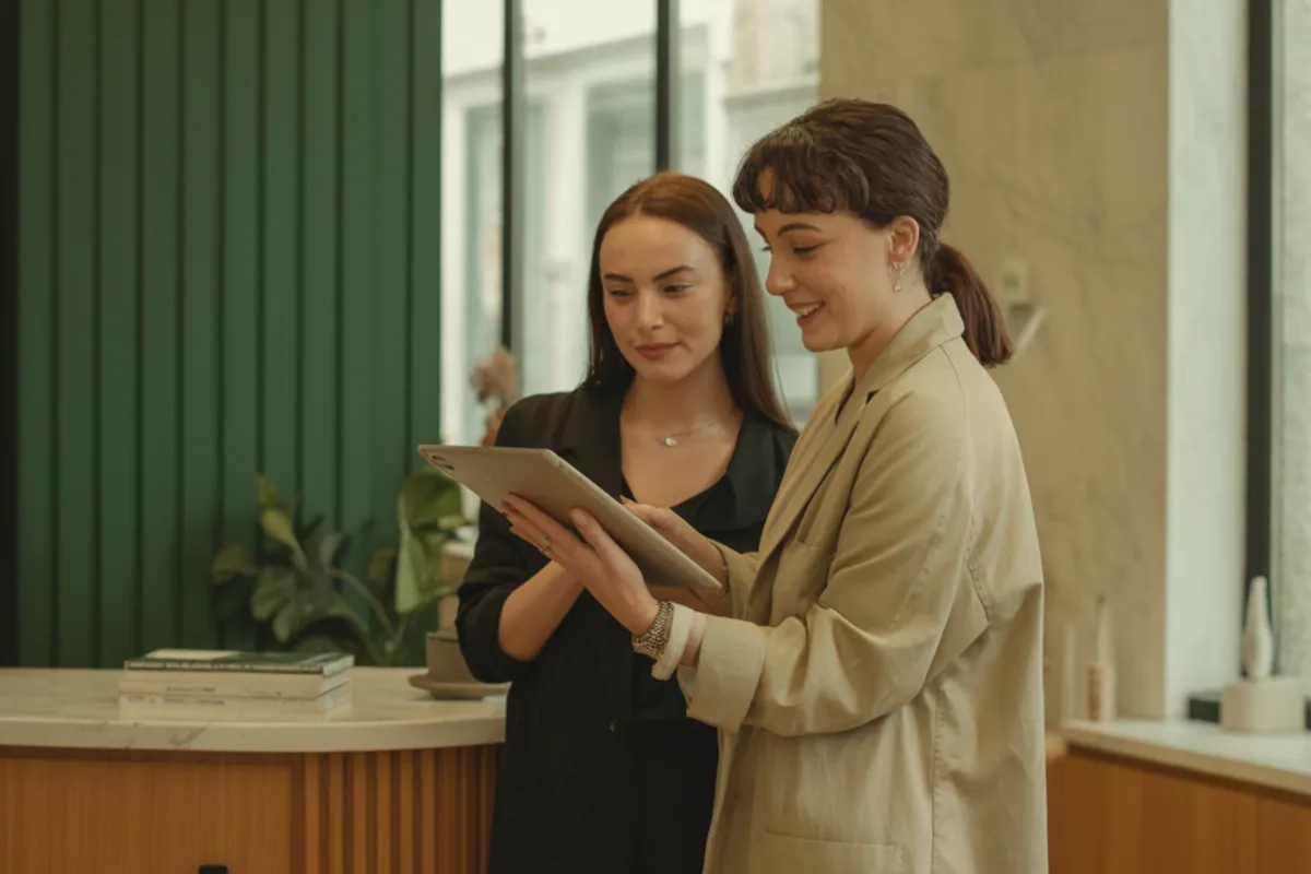 Two clinic staff looking at a tablet together at an oak front desk