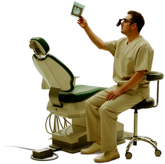 An endodontist in loupes holding a radiograph up to the light beside the chair