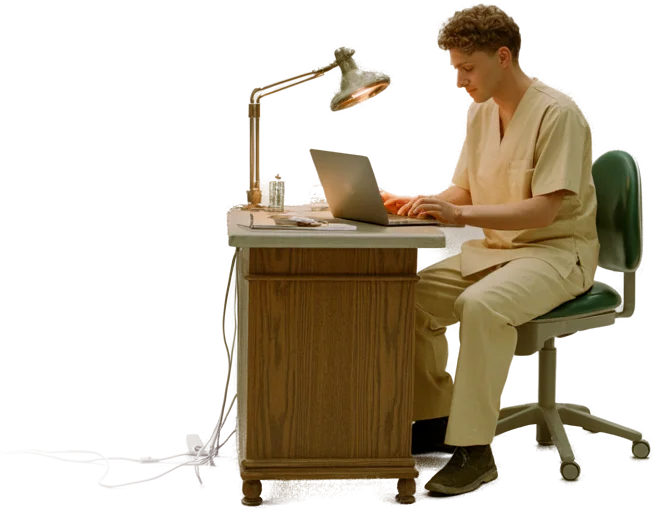 A solo dentist working at a small oak desk with a laptop and a lamp, the chair behind