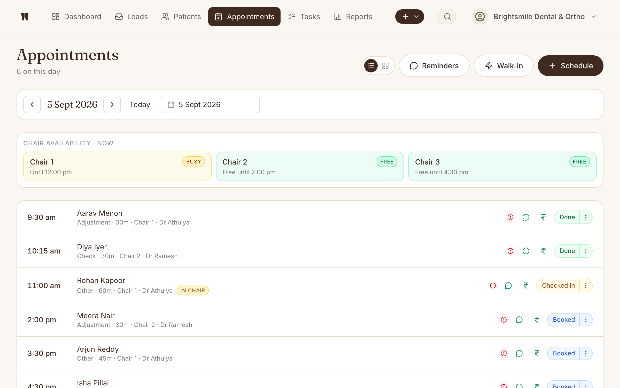 Crownly appointments page with live chair availability, walk-in triage, and one-tap status on each visit