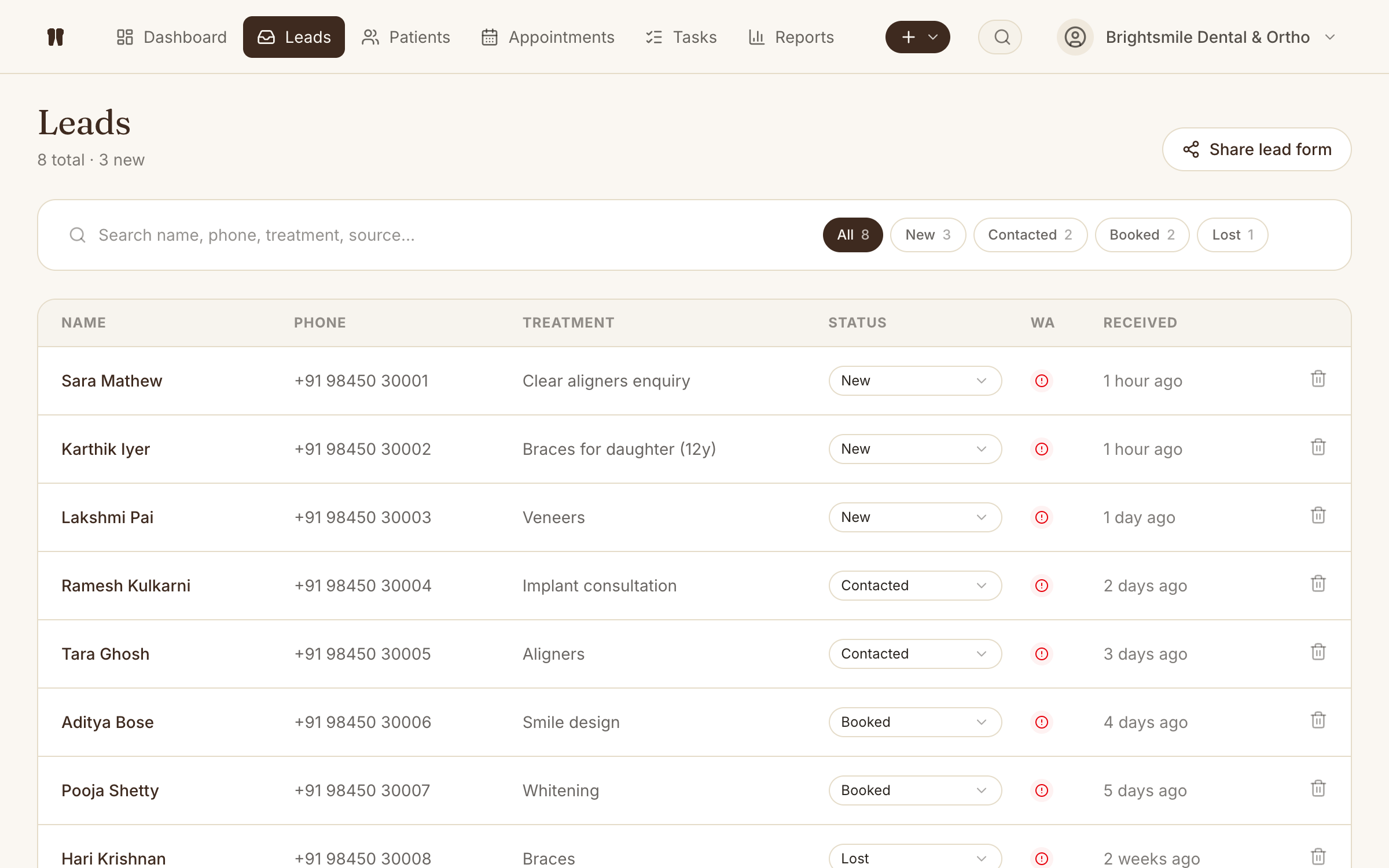 Crownly leads pipeline with status filters, source tracking, and WhatsApp follow-up per lead