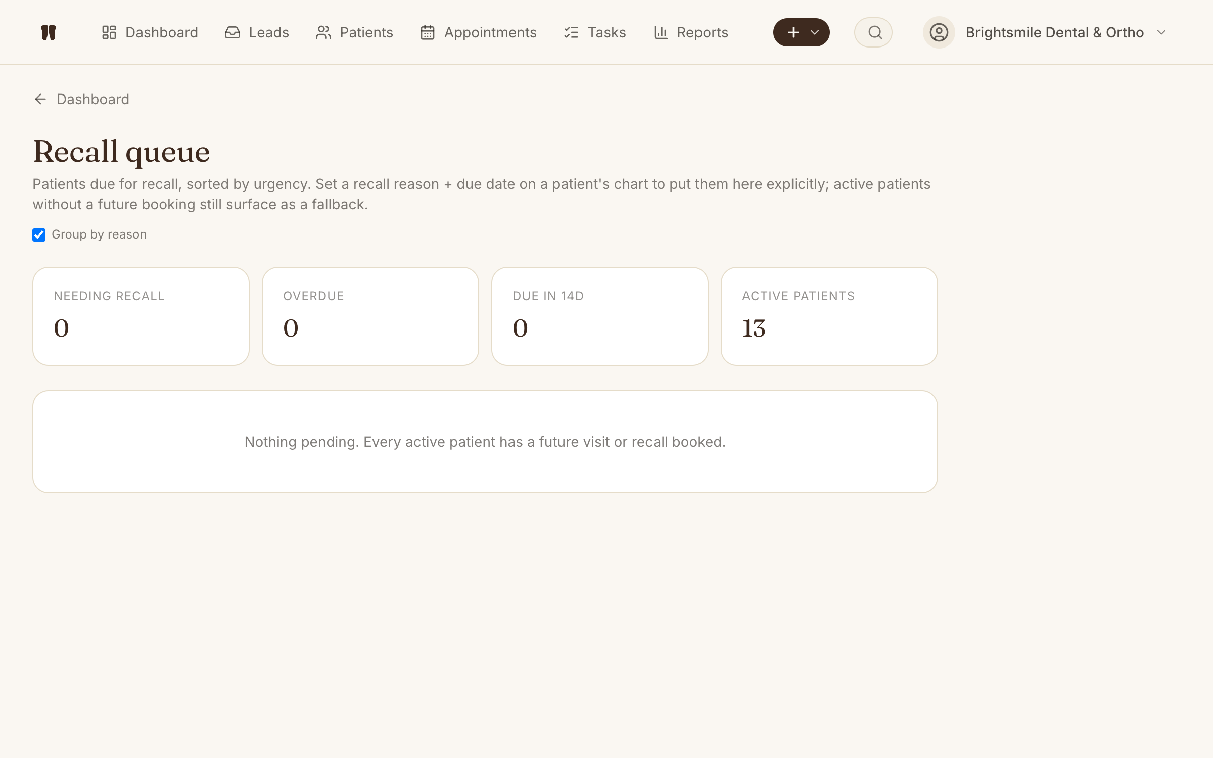 Crownly recall queue listing active patients with no upcoming visit, sorted by longest gap